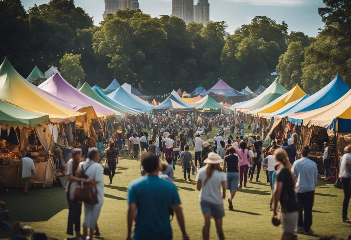 A bustling festival grounds with colorful tents, stages, and food vendors. People of all ages engage in cultural activities, music, and dance, fostering a sense of community and preserving traditions