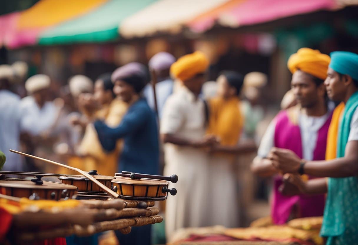 Traditional instruments displayed in a vibrant market setting, surrounded by colorful textiles and people dancing. The music fills the air, evoking a sense of national pride and unity