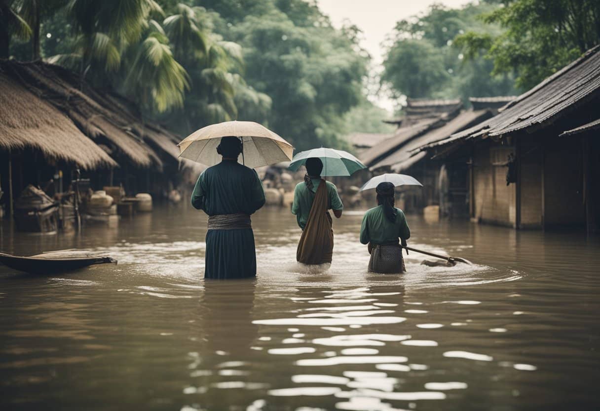 Various cultures' flood myths surround a central theme. Illustrate diverse landscapes with people in distress, animals, and a prominent flood