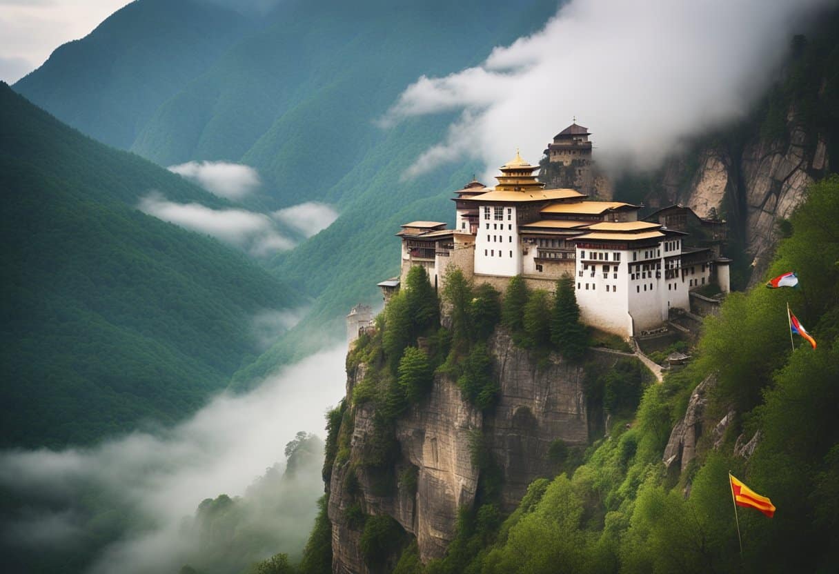 A remote monastery perched on a rugged cliff, surrounded by misty mountains and ancient forests, with colorful flags fluttering in the wind