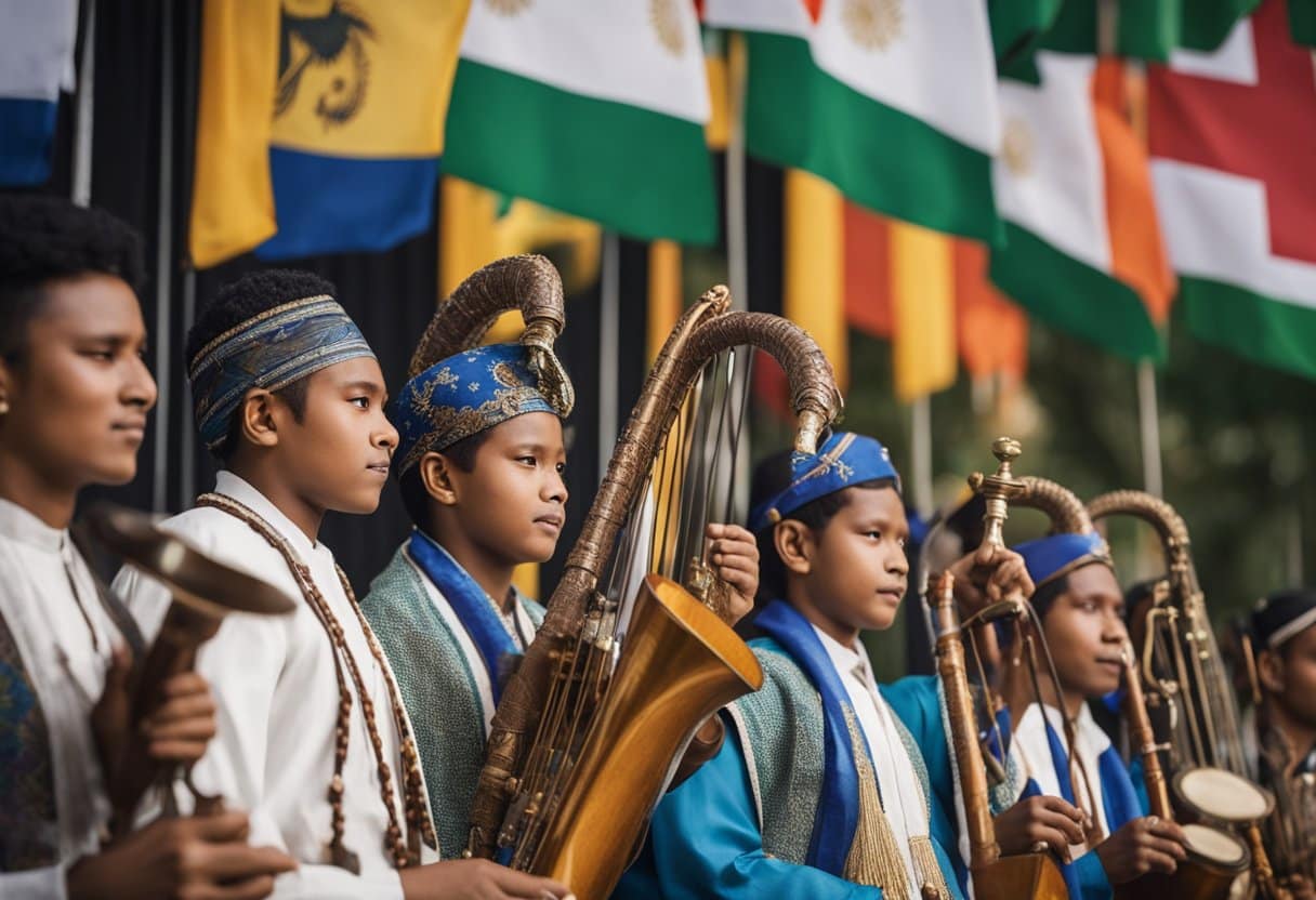 Traditional instruments displayed on a stage, with flags and cultural symbols in the background. People of different ages and backgrounds are gathered, listening to the music with a sense of pride and unity