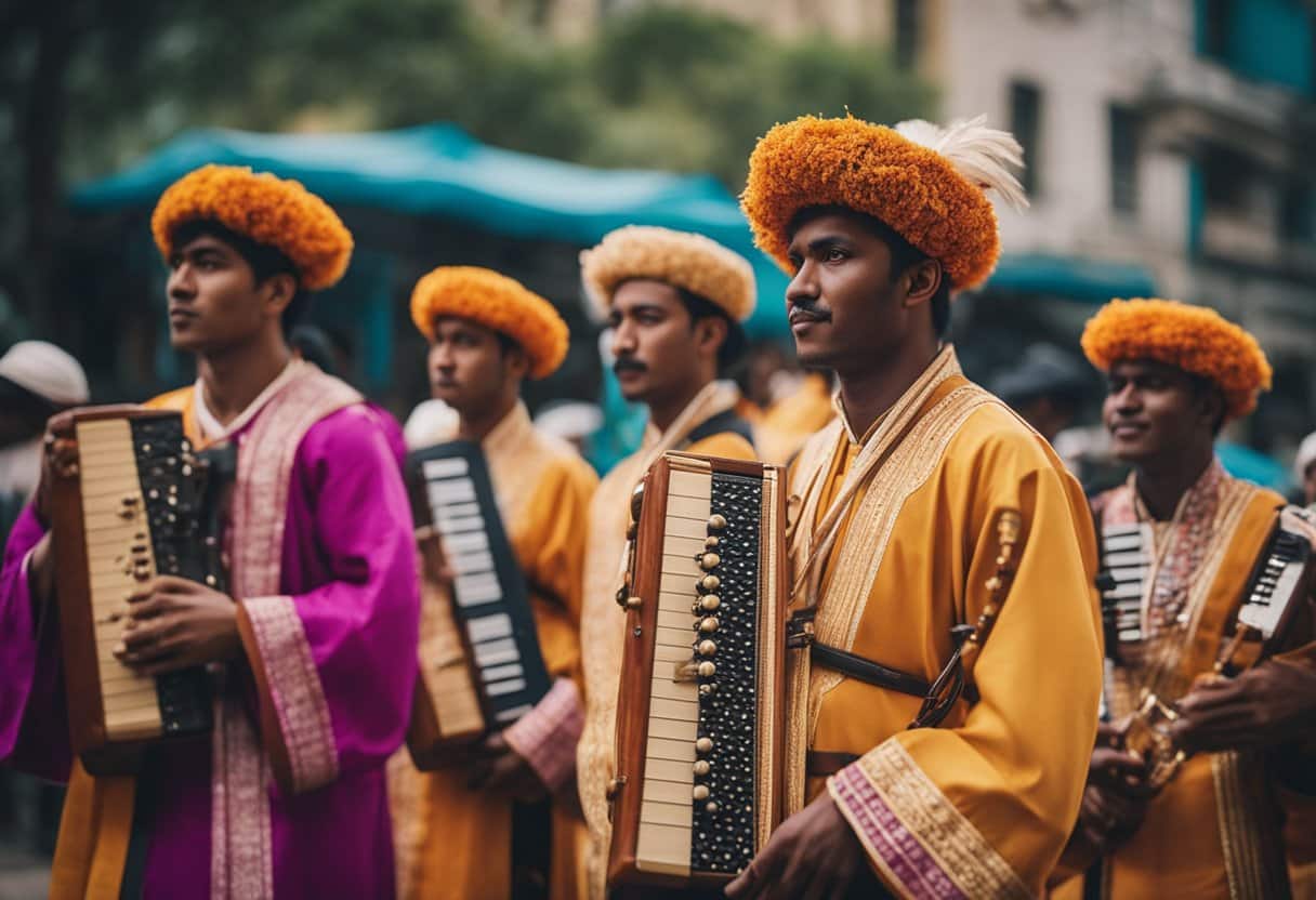 A group of traditional musicians perform in a vibrant setting, representing the role of music in shaping national identity