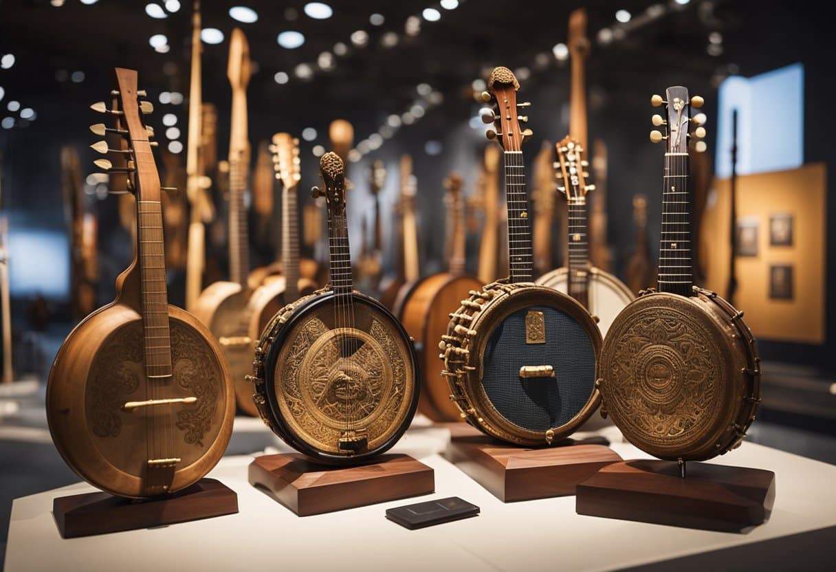 Traditional instruments displayed in a museum, with flags and cultural symbols in the background