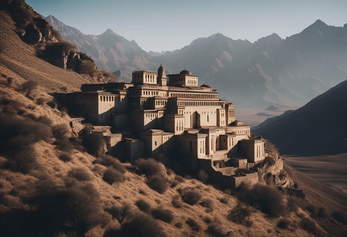 Ancient monasteries stand tall amidst barren landscapes, surrounded by rugged mountains and vast desolation. The architectural marvels exude a sense of isolation and spiritual journey