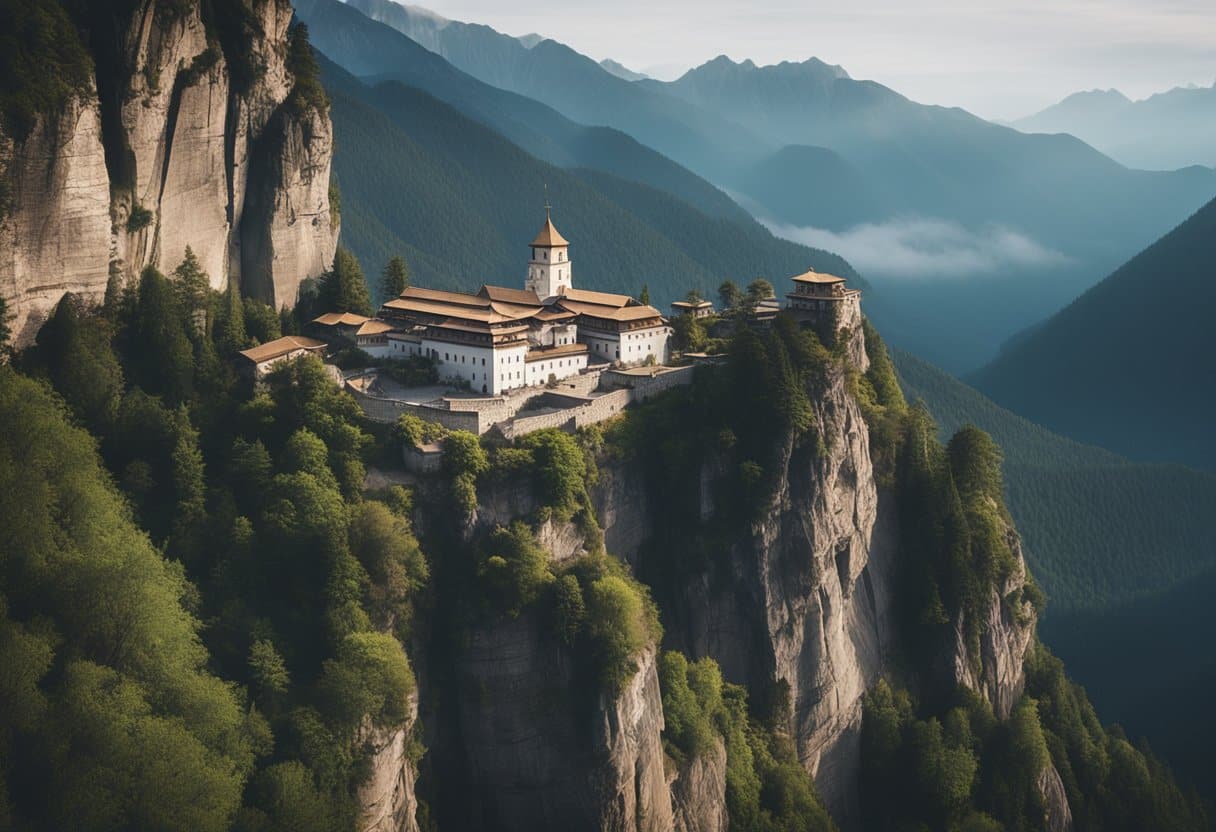 A remote monastery perched on a rugged cliff, surrounded by misty mountains and ancient forests, with a sense of spiritual solitude and tranquility