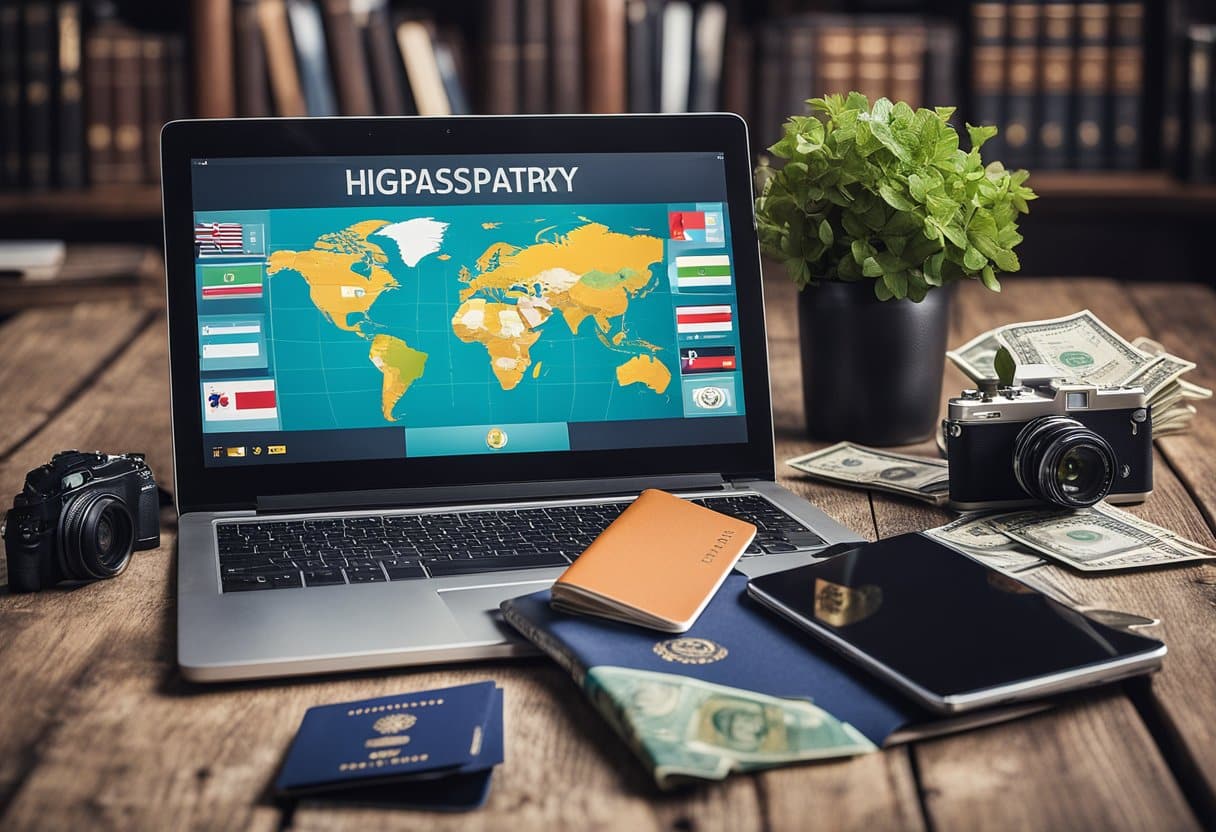 A laptop, smartphone, and passport lay on a rustic wooden table, surrounded by travel guides and currency from different countries