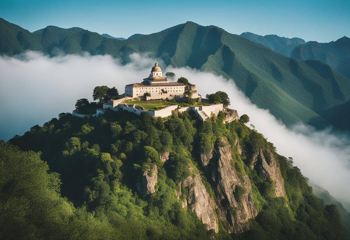 A solitary monastery sits atop a rugged mountain, surrounded by mist and silence. The landscape is serene, with lush greenery and a clear blue sky, inviting visitors to embark on a spiritual journey of personal growth