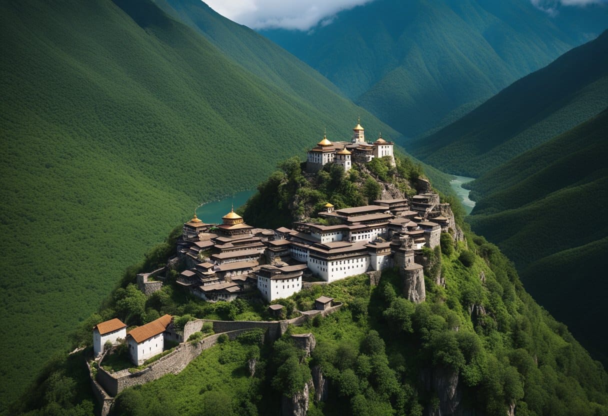 Aerial view of remote monasteries nestled in rugged mountains, surrounded by lush forests and flowing rivers