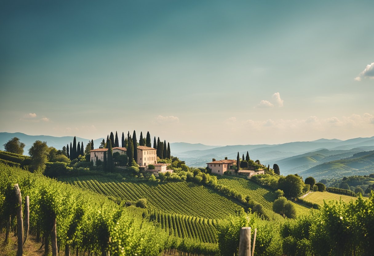 Lush, rolling hills of Lombardy under a clear blue sky. A quaint Italian villa nestled among vibrant green vineyards and olive groves