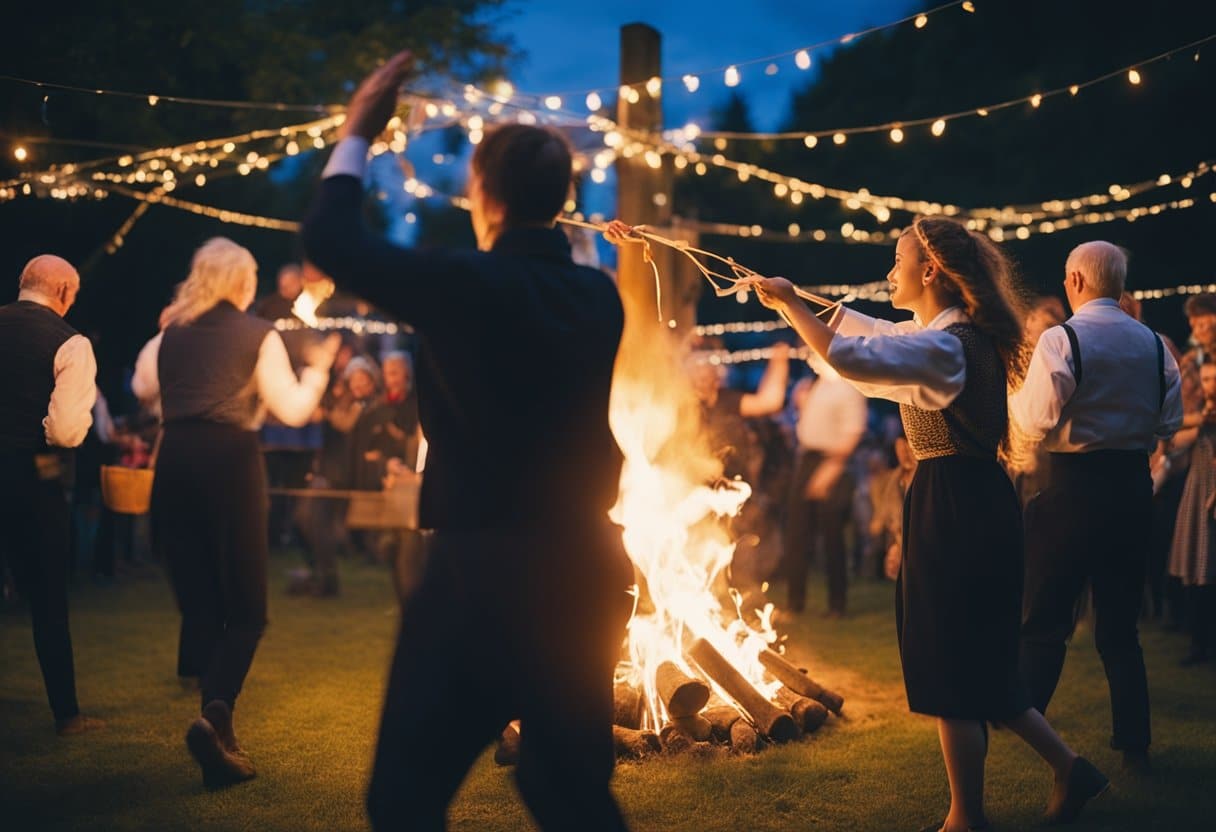 Bealtaine Festival - People dancing around a bonfire, flowers and ribbons decorating maypoles, and traditional music playing at the Bealtaine festival
