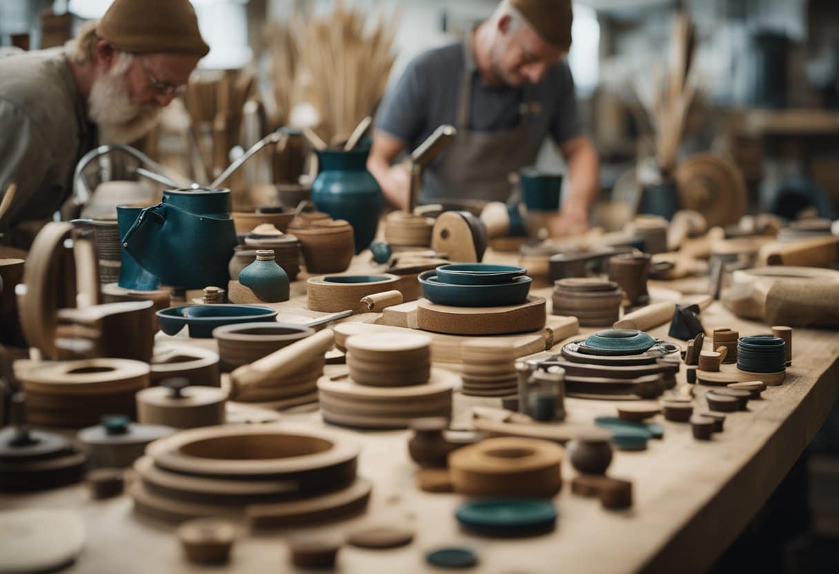 Vibrant workshop with skilled artisans crafting intricate Irish traditional crafts. Tools and materials scattered, showcasing the blend of challenges and innovations