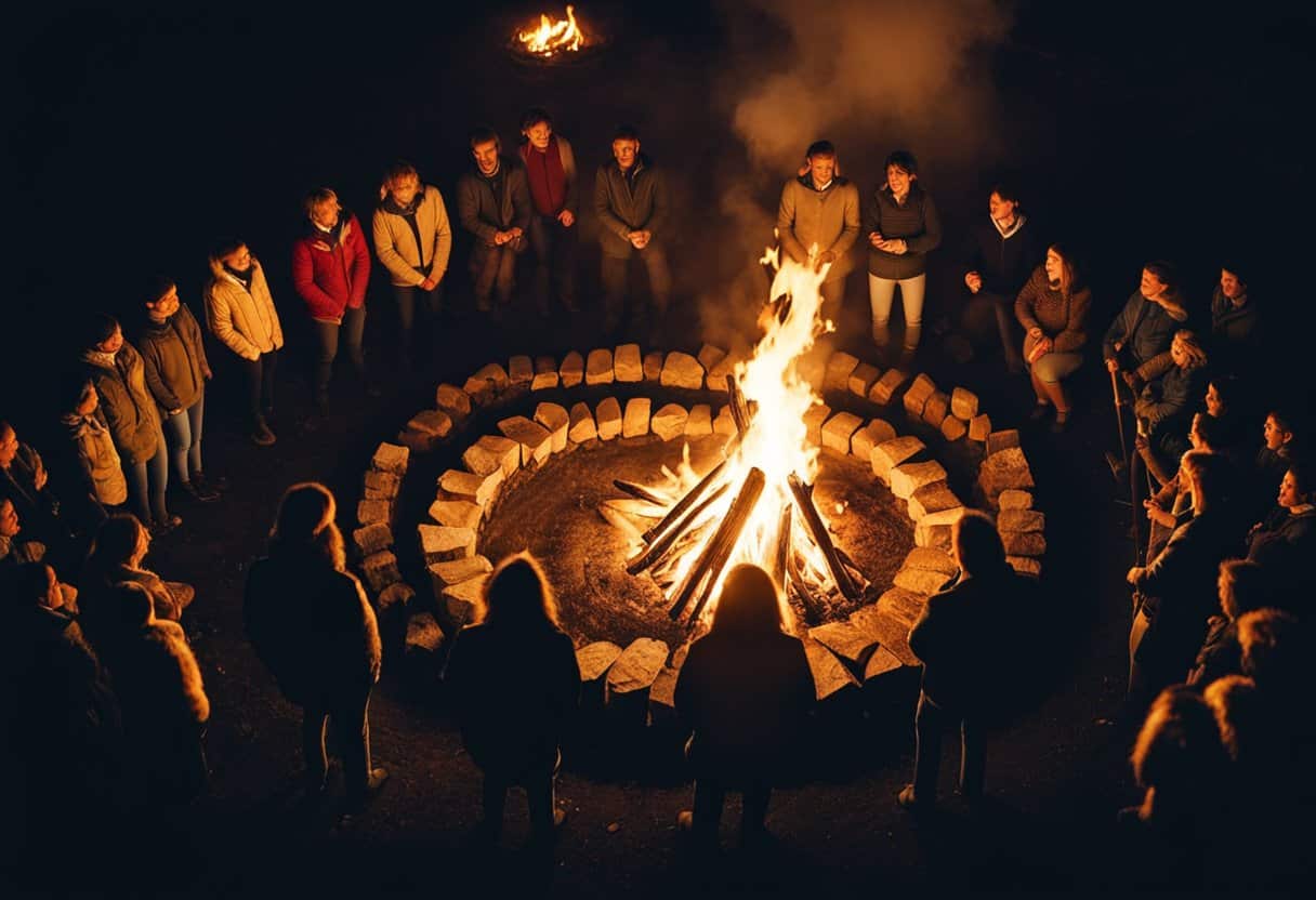 Bealtaine Festival - A bonfire burns brightly in the center of a circle of people, representing the ancient Bealtaine festival customs and the significance of fire in Celtic history