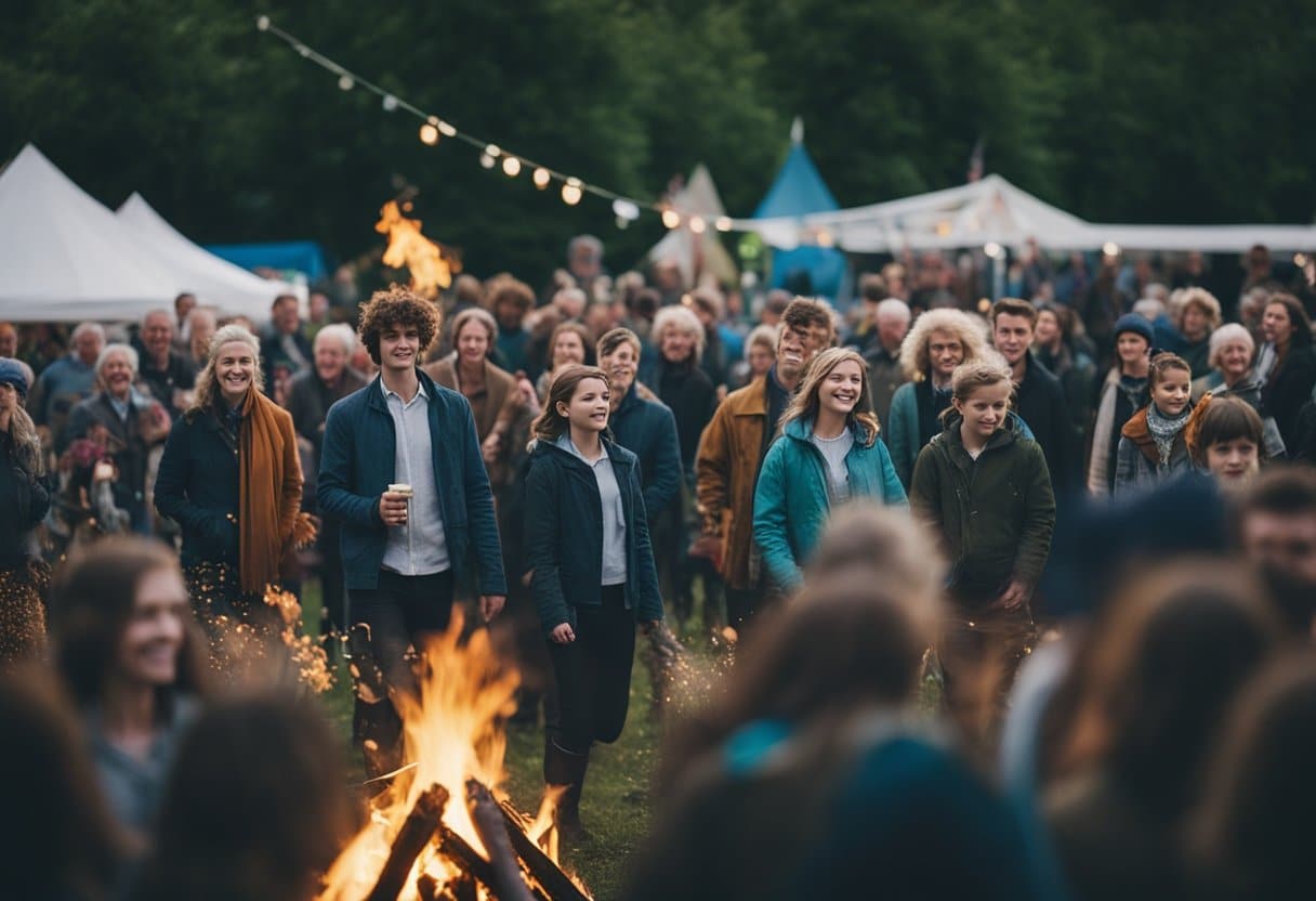 Bealtaine Festival - Bealtaine's festival, a bonfire burns brightly as people gather to celebrate with music, dance, and poetry. The air is filled with the scent of blooming flowers and the sound of laughter