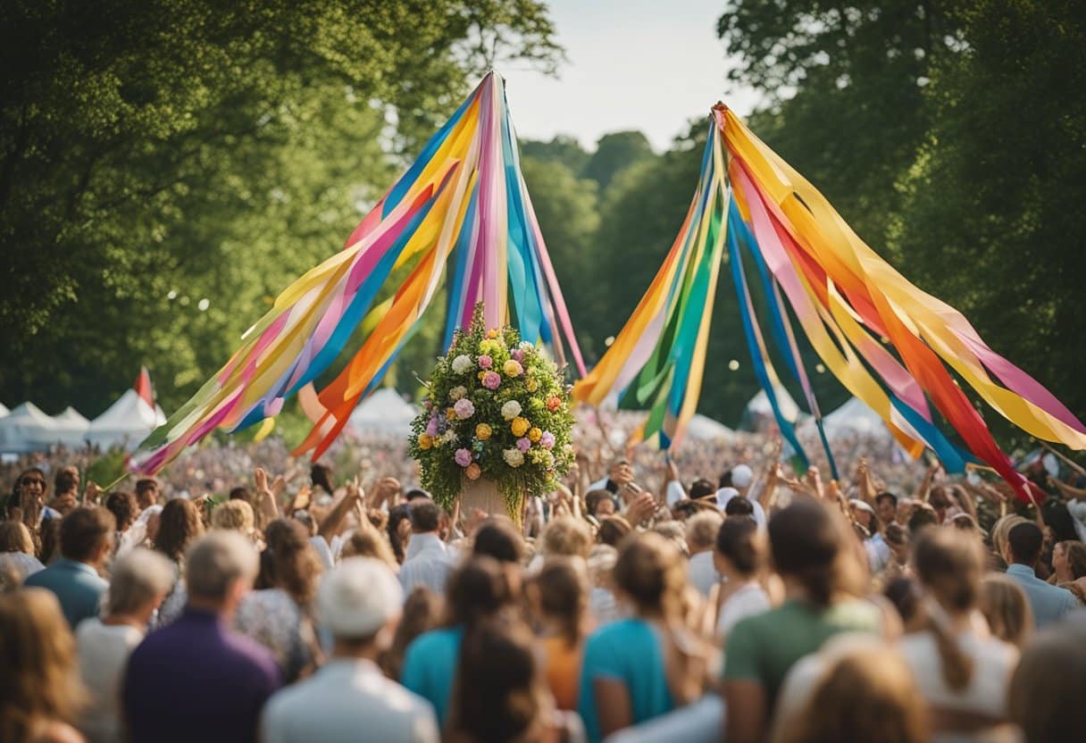 Bealtaine Festival - A colorful maypole stands tall in a lush green field, surrounded by people dancing and singing. Ribbons and flowers adorn the pole, symbolizing the celebration of fertility and the arrival of summer