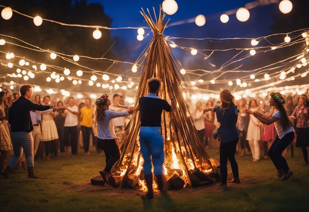 Bealtaine Festival - A bonfire burns brightly, surrounded by people dancing and celebrating. A maypole stands tall in the center, adorned with colorful ribbons. Flower crowns and traditional costumes are worn by the festival-goers