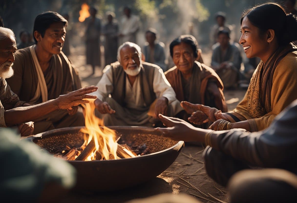 Various cultures gather around flickering fires, captivated by elders' animated gestures and expressive faces, as they share ancient tales