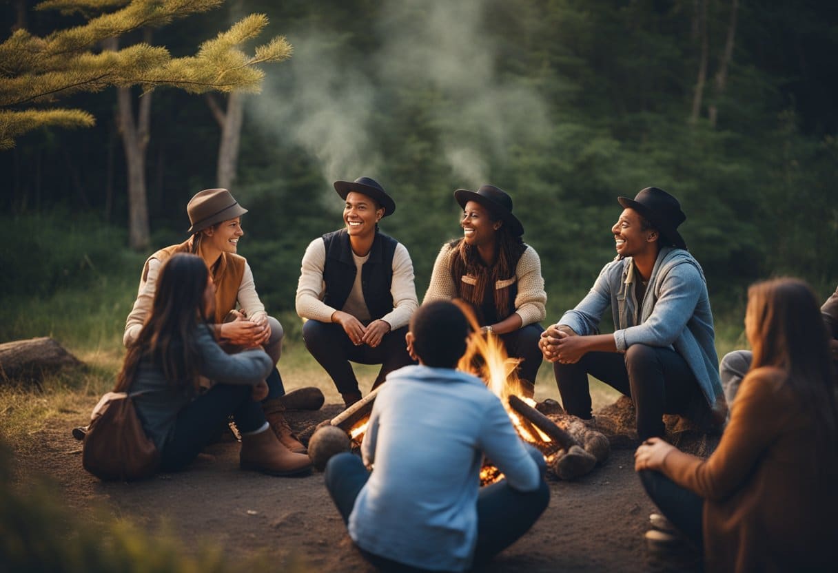 A diverse group of people sitting around a campfire, captivated by a storyteller weaving tales from different cultures