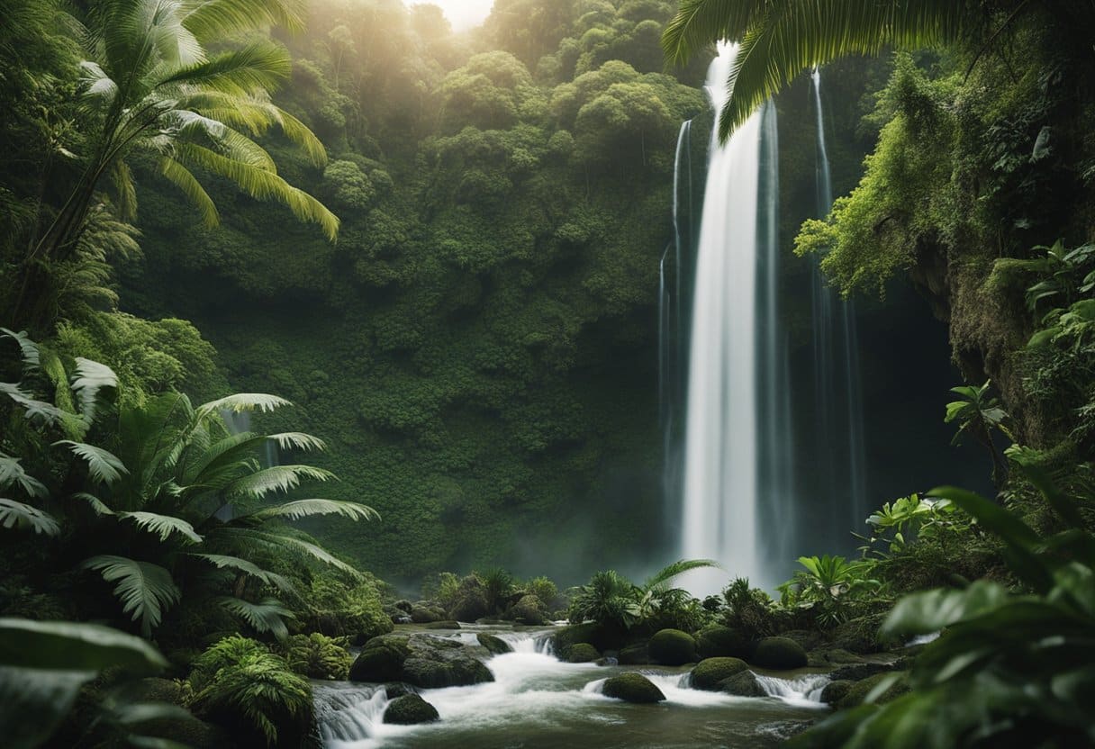 Lush greenery surrounds a towering waterfall, as prehistoric creatures roam freely in the distance on Isla Nublar