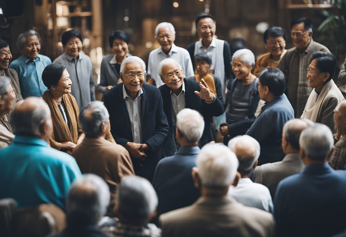 A circle of elders gestures and speaks, surrounded by attentive listeners from various cultures
