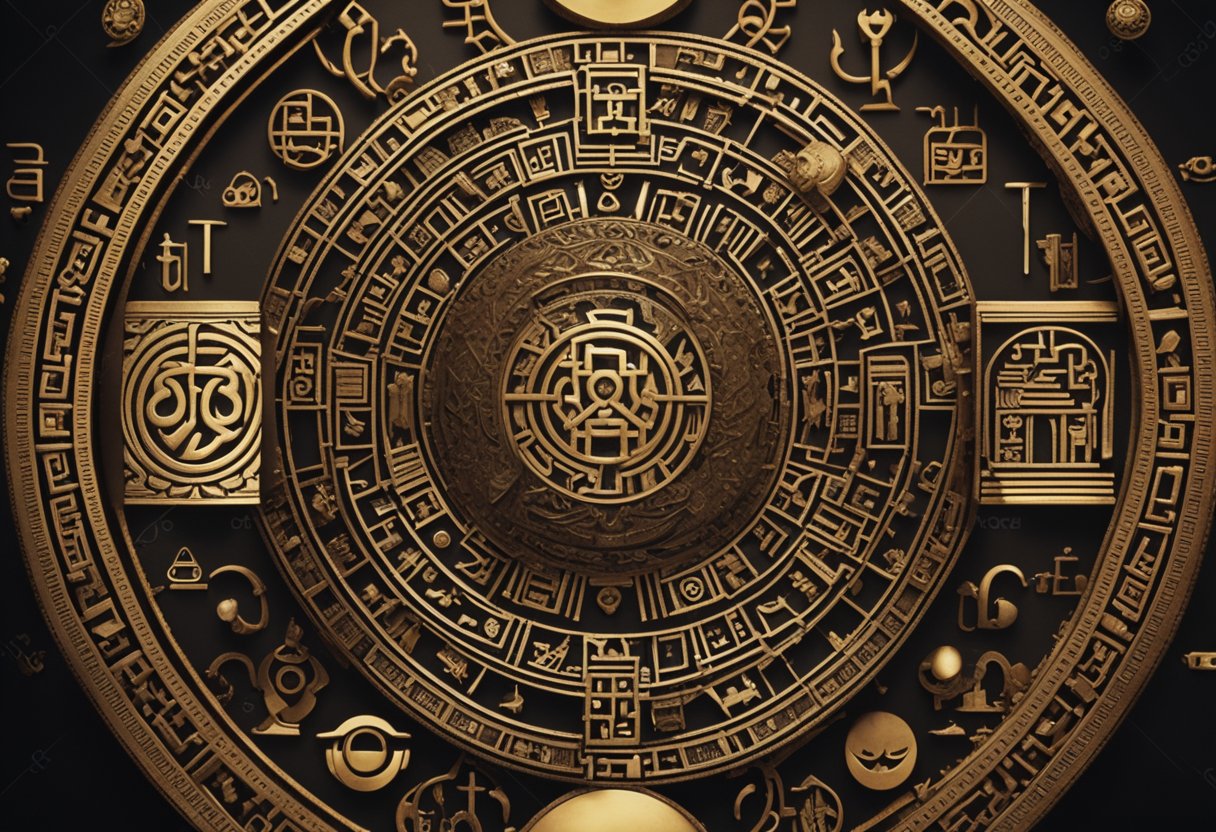 Ancient symbols morph into digital icons, merging with global narratives