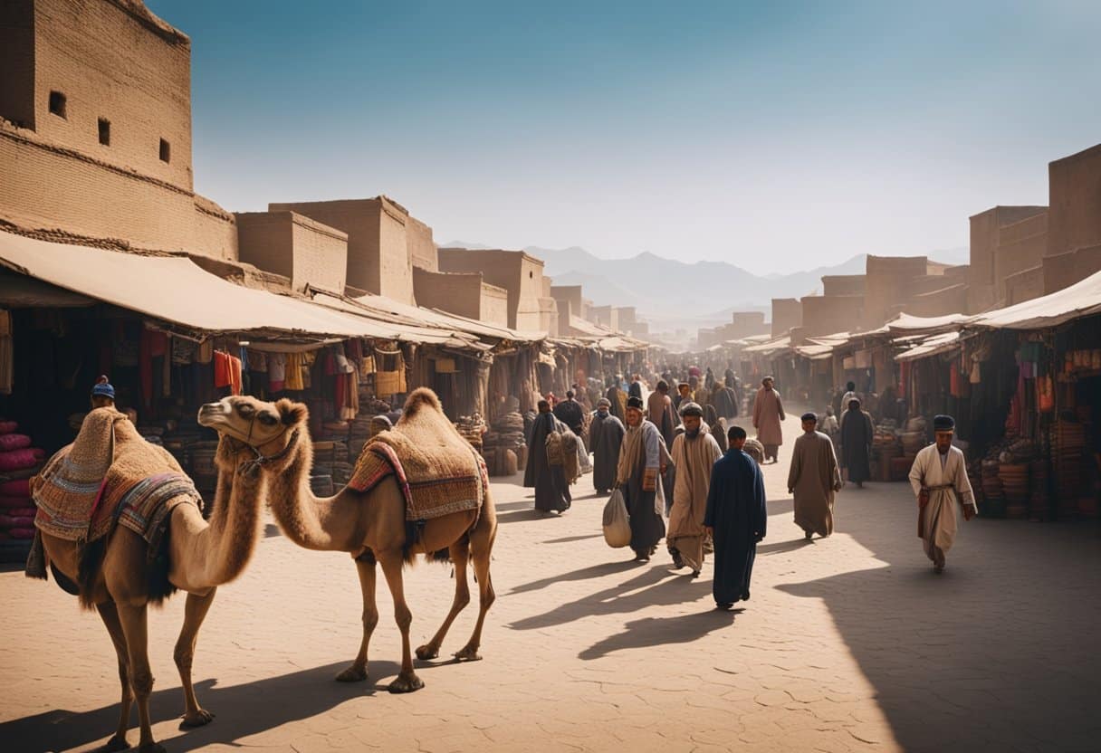 A bustling marketplace with camels carrying goods, merchants haggling, and diverse cultural artifacts on display along the ancient Silk Road