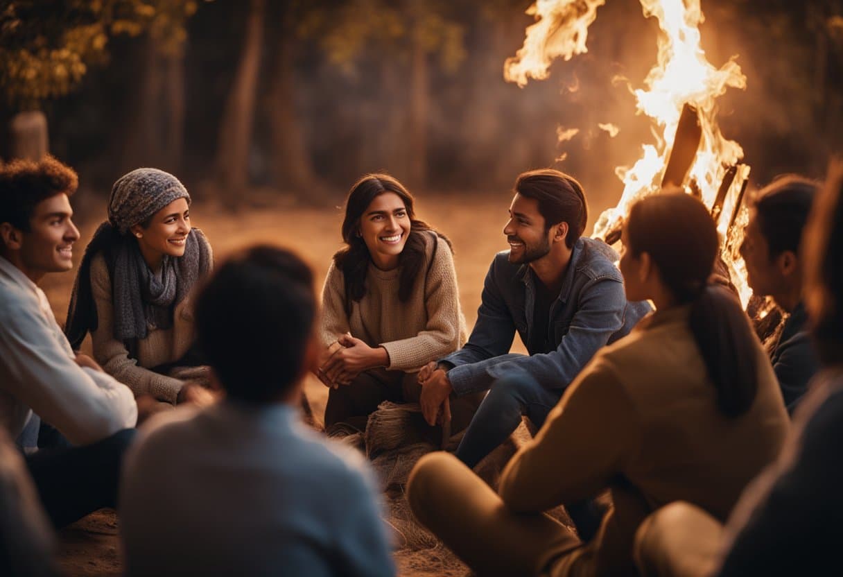 A circle of listeners around a flickering fire, captivated by a storyteller's animated gestures and expressive face as they share ancient tales from different cultures