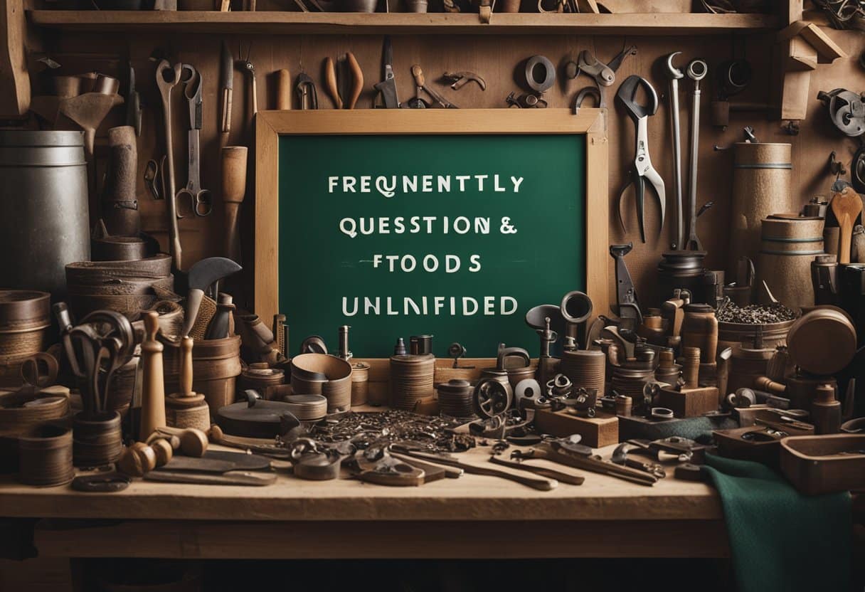 A cluttered workshop filled with tools, materials, and unfinished traditional Irish crafts. A sign reads "Frequently Asked Questions" in bold letters