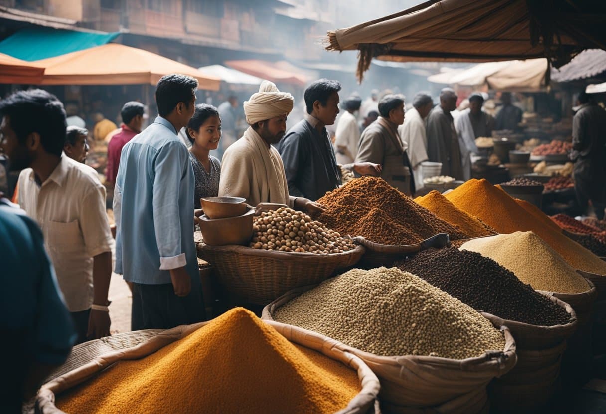 A bustling marketplace with exotic spices piled high, merchants haggling, and diverse people trading goods