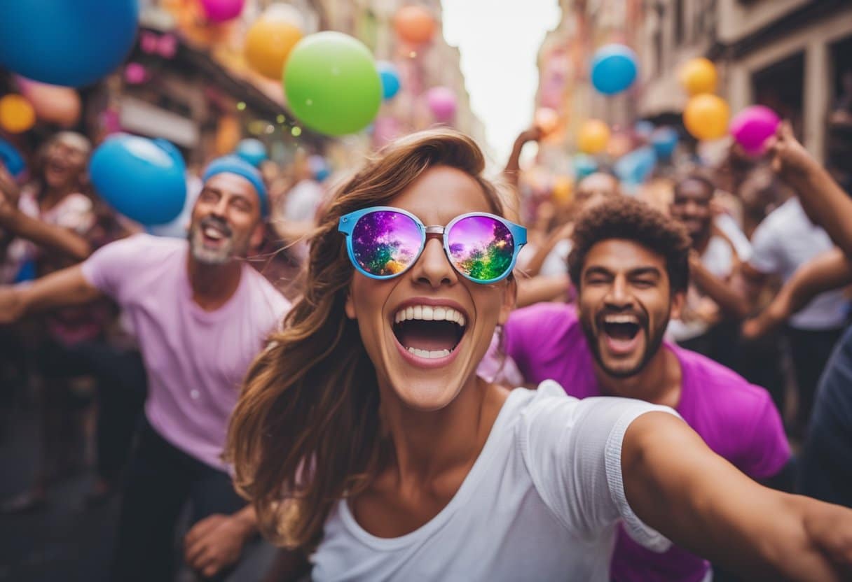 Vibrant powders fill the air, swirling in a riot of colors. Joyful laughter and music echo through the streets as people dance and celebrate. The atmosphere is alive with energy and excitement