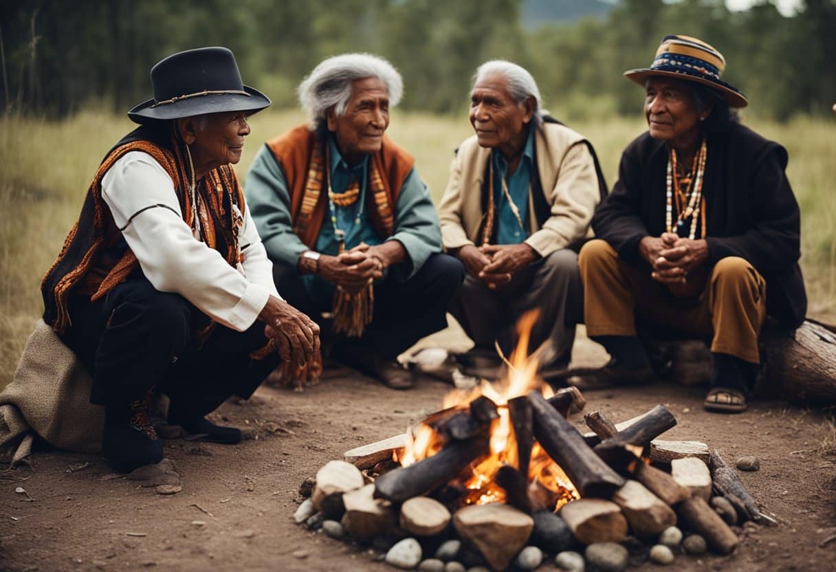 Indigenous elders sharing stories around a campfire, surrounded by symbols of their culture and language