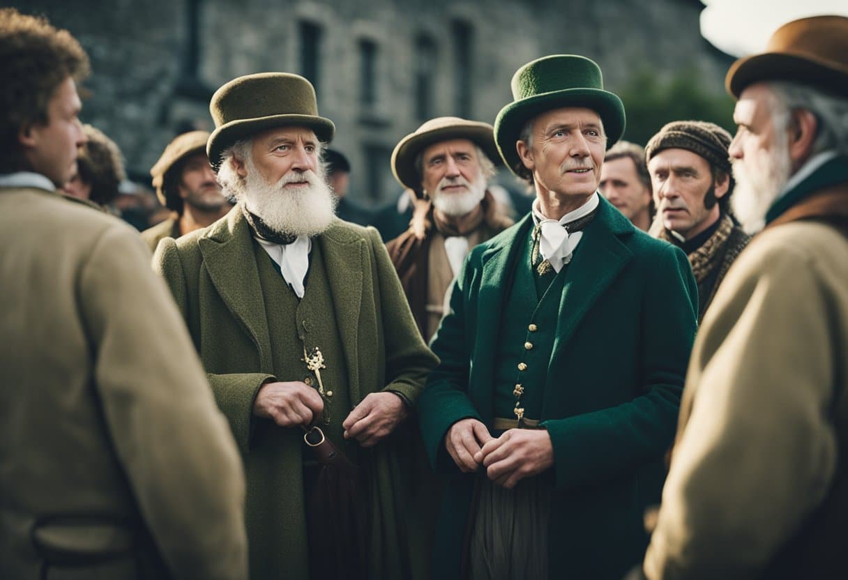 Irish Emigration - Irish emigrants gather in traditional clothing, sharing stories and music, bridging cultural gaps in a foreign land