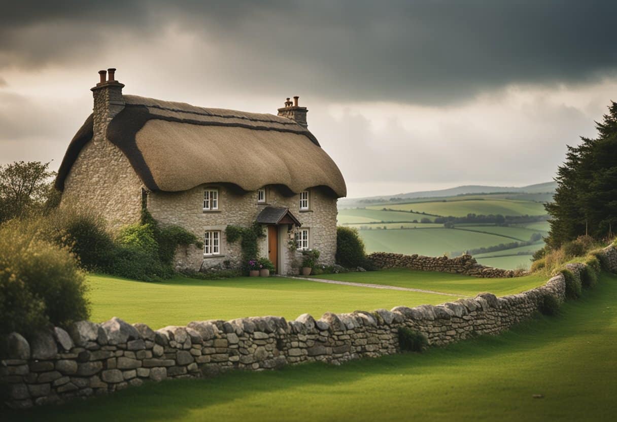 A thatched cottage with a smoke rising from the chimney, surrounded by green fields and stone walls. A harp and a bodhrán leaning against the wall