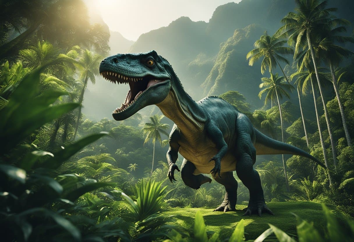 Dinosaurs roam lush, tropical Isla Nublar. Lush greenery surrounds towering prehistoric creatures. The island is a paradise for these ancient inhabitants