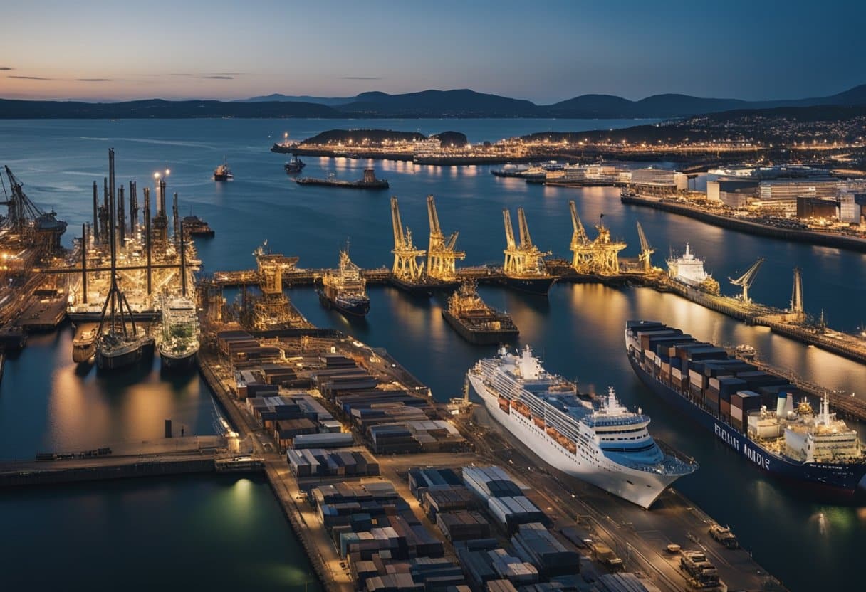 Irish Emigration - A bustling Irish port with ships ready to depart, families saying tearful goodbyes, and hopeful emigrants boarding vessels bound for distant shores