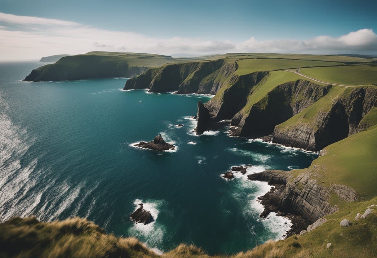 Irish Emigration - A ship sailing away from a rugged Irish coastline, with families bidding tearful farewells on the shore