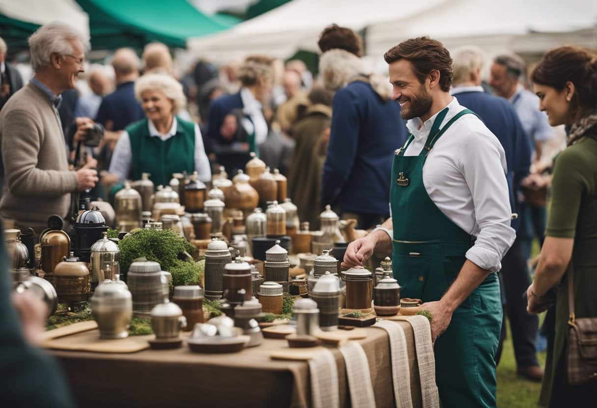 A bustling Irish craft fair, with artisans demonstrating traditional techniques while media crews film and broadcast the vibrant scene