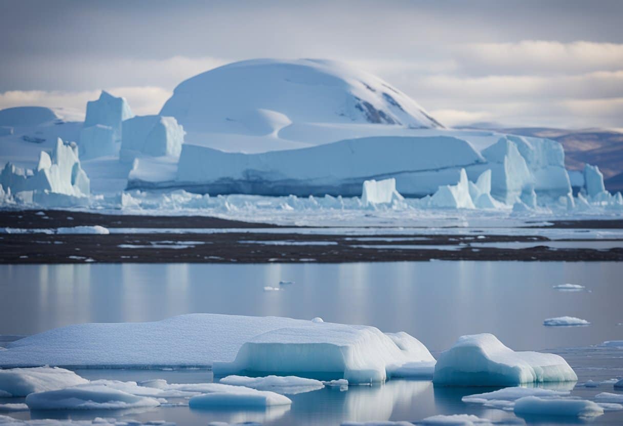 The Indigenous Cultures of the Arctic Circle: The Arctic landscape: snow-covered tundra, icebergs, and polar bears. In the distance, an igloo and a traditional Inuit kayak on the frozen sea