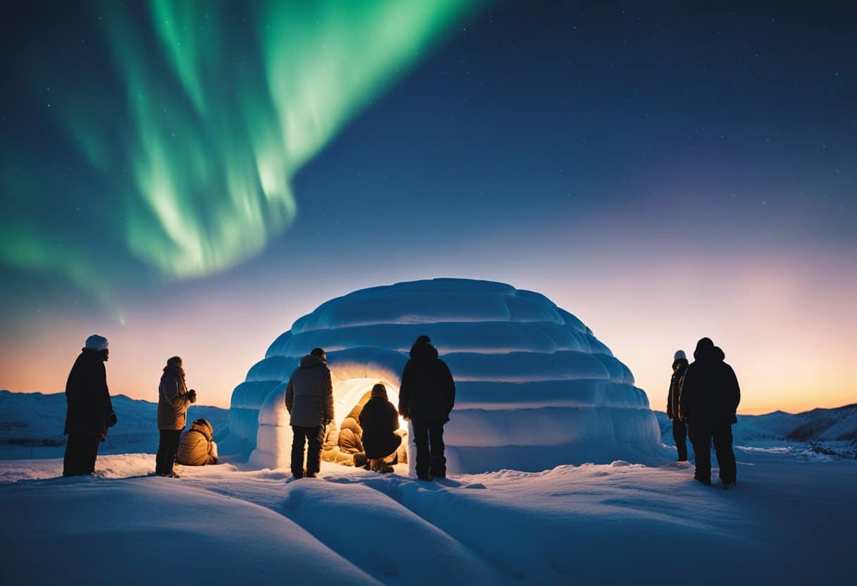 The Indigenous Cultures of the Arctic Circle: A group of indigenous people gather around a traditional igloo, surrounded by snow-covered landscapes and northern lights in the sky