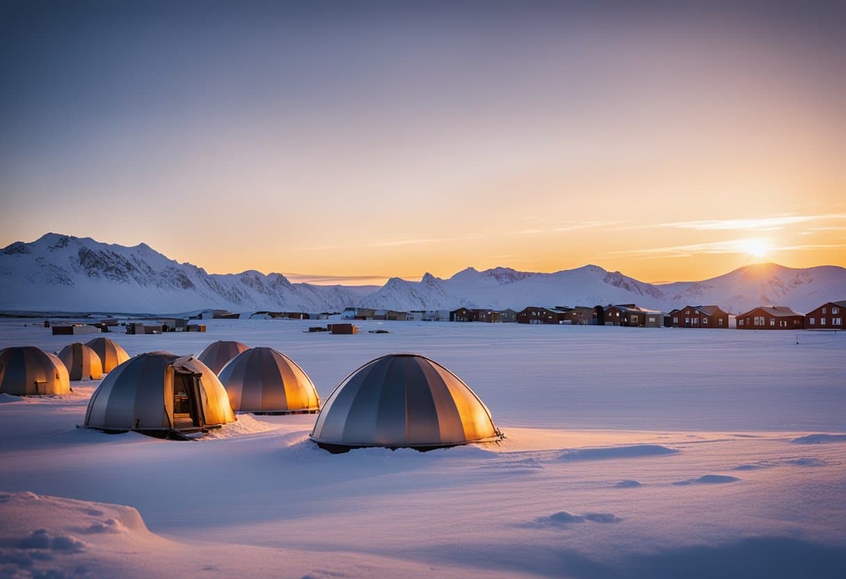 The Indigenous Cultures of the Arctic Circle: The sun sets over a snowy landscape, as traditional Inuit igloos stand alongside modern buildings. Dogsleds and snowmobiles traverse the icy terrain, while indigenous artwork adorns the buildings, showcasing the resilience and adaptation of Arctic indigenous cultures