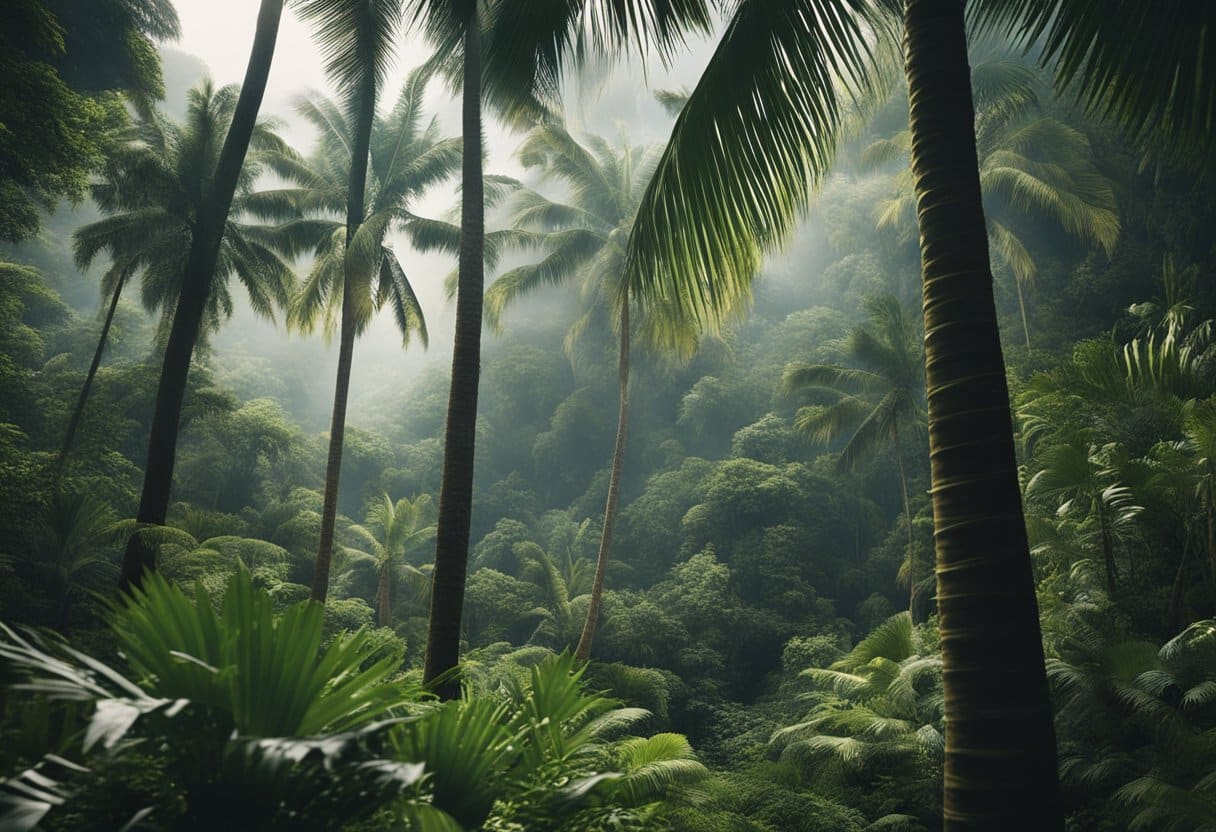 Lush tropical landscape with towering palm trees, dense jungle foliage, and glimpses of prehistoric creatures roaming in the distance