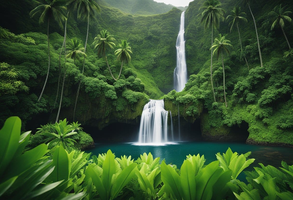 Lush greenery, towering palm trees, and cascading waterfalls create a prehistoric paradise in Hawaii, the gateway to Isla Nublar