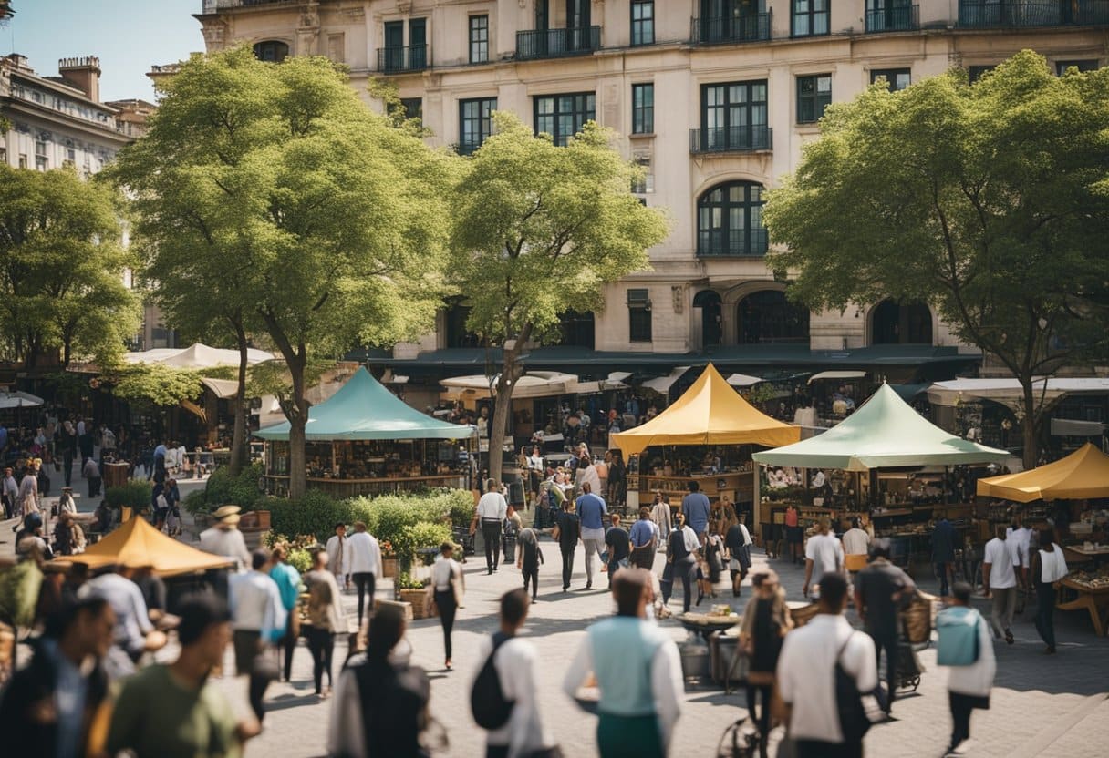 A bustling public square with diverse architecture, green spaces, and people interacting. Cultural elements like food stalls, music, and art are present, creating a vibrant and inclusive atmosphere