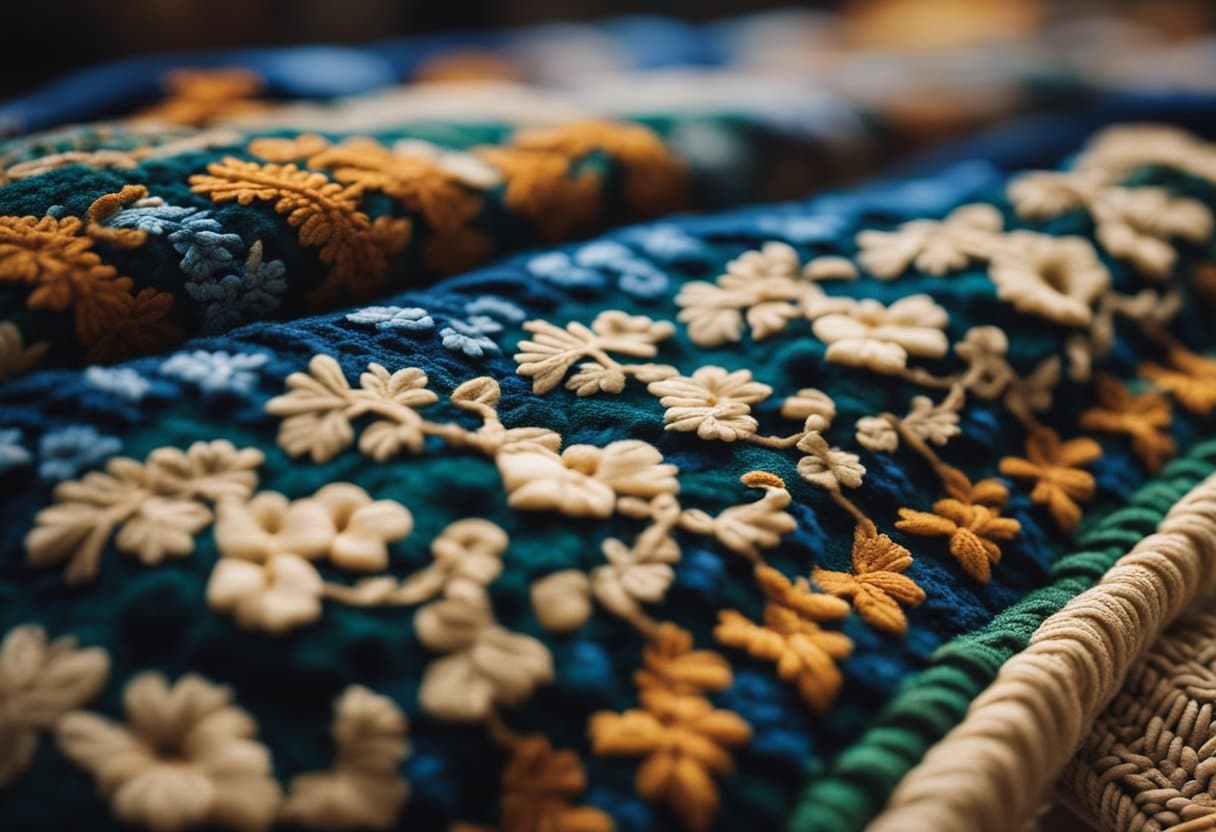 Vibrant display of Irish crafts: wool tapestries, pottery, and intricate lacework. A modern twist on traditional designs. Rich colors and intricate patterns