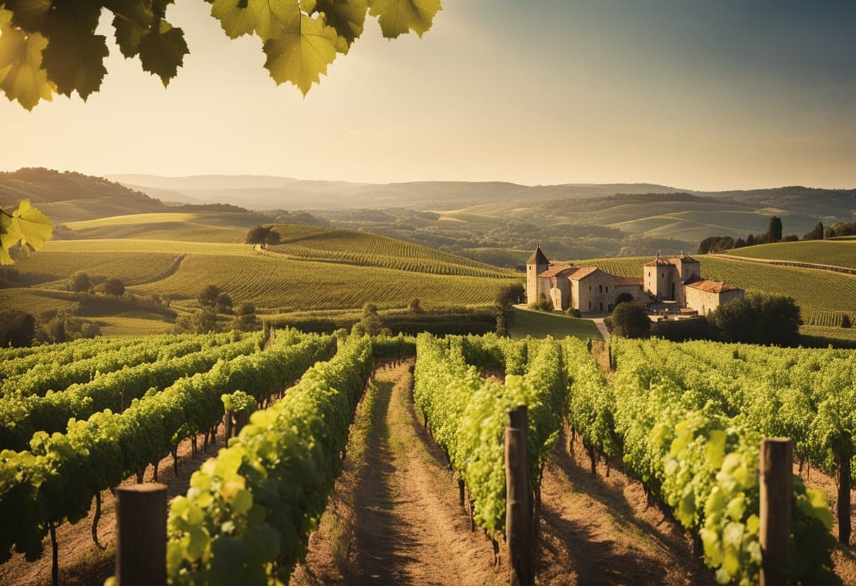 Vineyards stretch across rolling hills, with ancient stone chateaus nestled among the rows. Grapes ripen under the warm sun, while old oak barrels line the cellars, filled with the rich, aromatic wines of Bordeaux and Tuscany