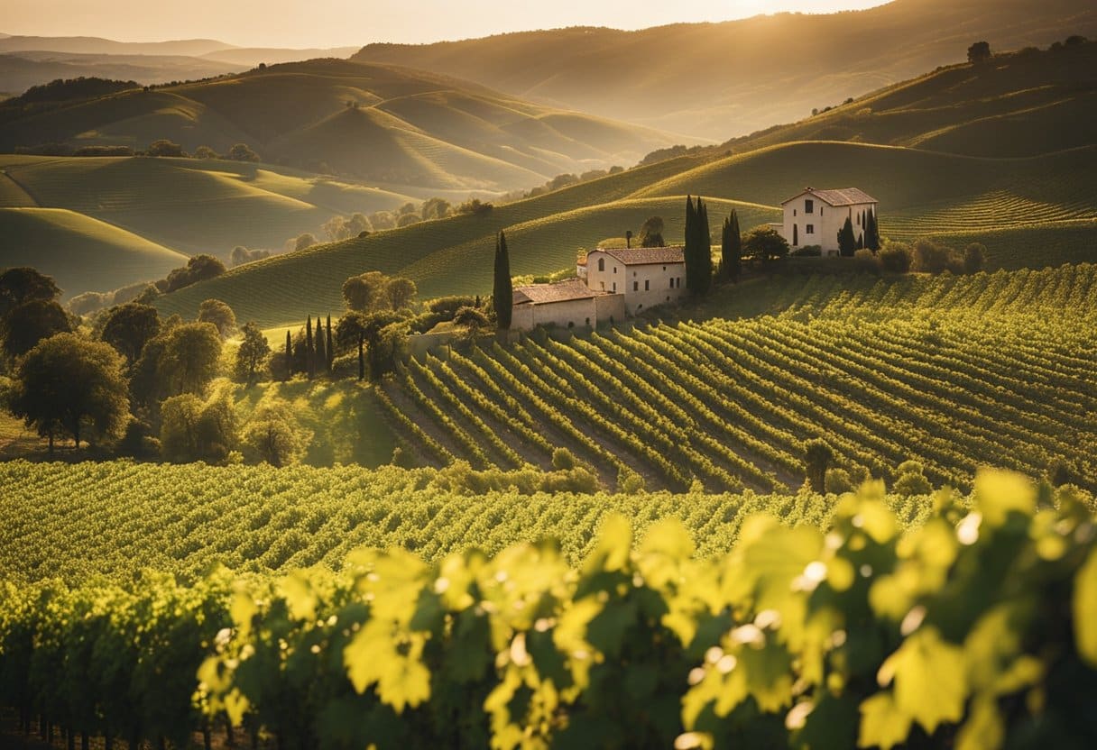 Rolling hills of vineyards, bathed in golden sunlight, stretch endlessly towards the horizon. A quaint winery nestled in the valley, surrounded by lush greenery and vibrant grapevines