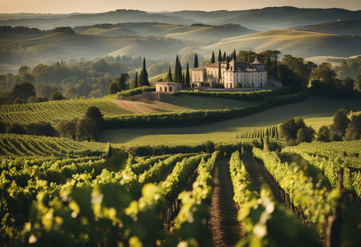 Vineyards sprawl across rolling hills, each plot distinct in grape variety and soil composition. A chateau overlooks the Bordeaux landscape, while Tuscan wineries dot the countryside