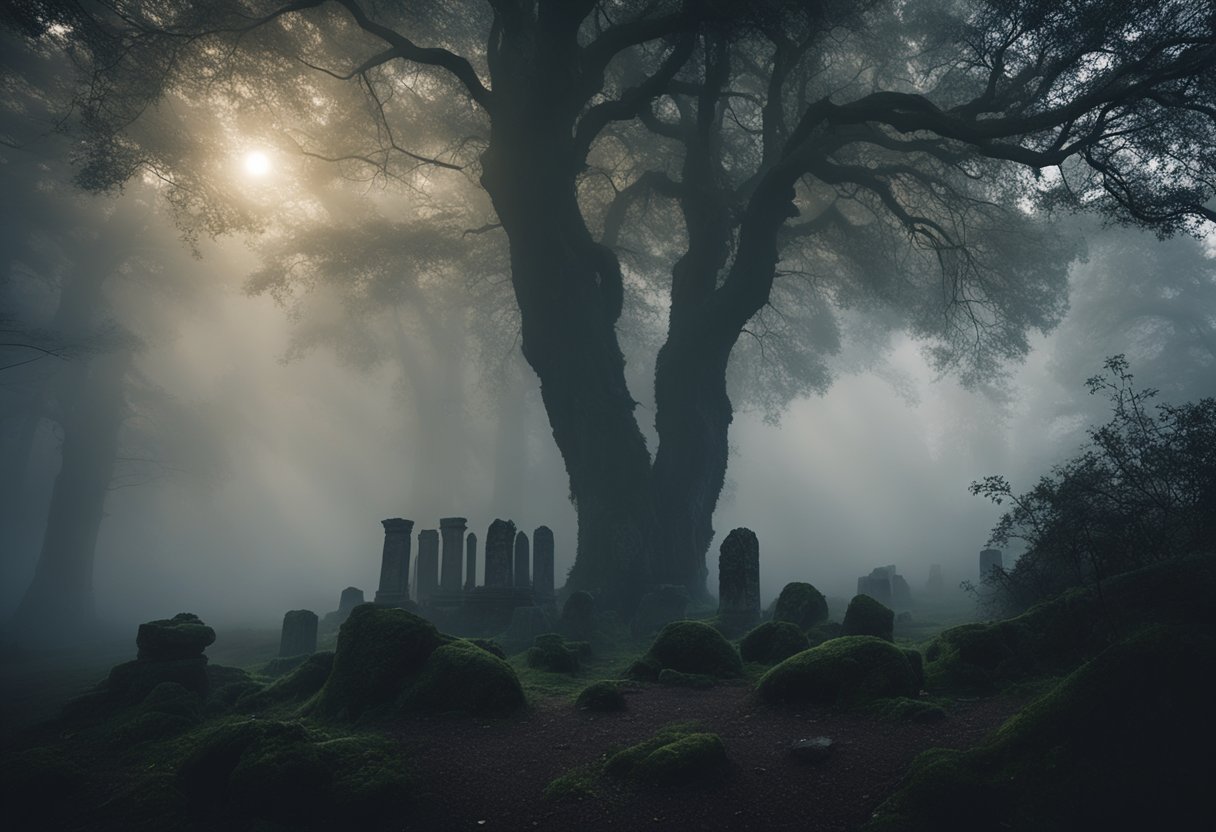 Irish Spirits - Banshees wail in a misty Irish forest, their ghostly forms illuminated by moonlight, surrounded by ancient ruins and swirling fog
