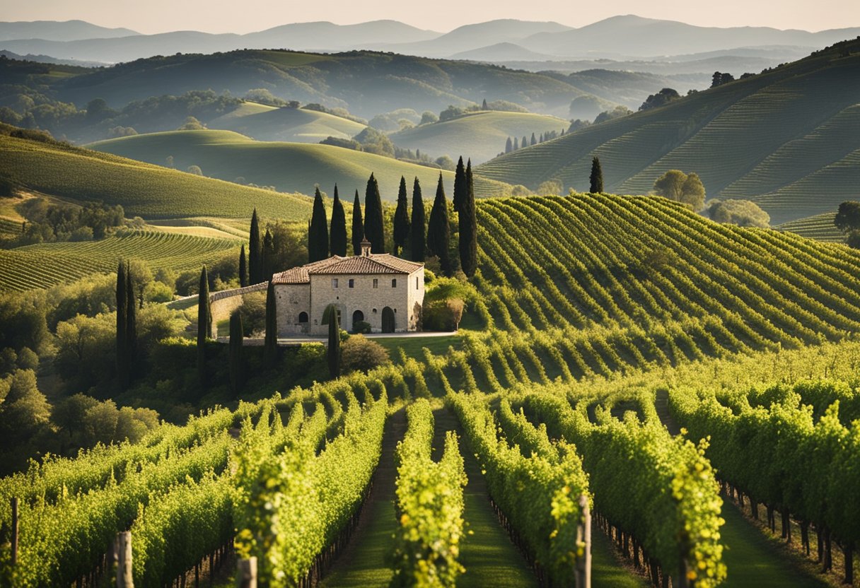 Vineyards stretch across rolling hills, with rustic stone buildings nestled among the vines. A winding road leads through the picturesque landscape, bordered by rows of grapevines and cypress trees