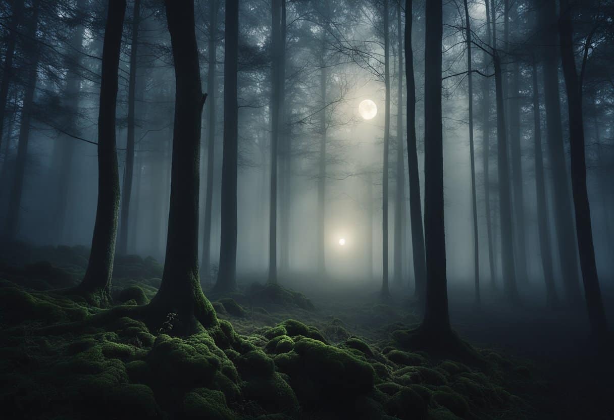 Irish Spirits - A misty forest with a full moon, where ethereal figures of banshees and other Irish spirits float among the trees, their haunting wails echoing through the night