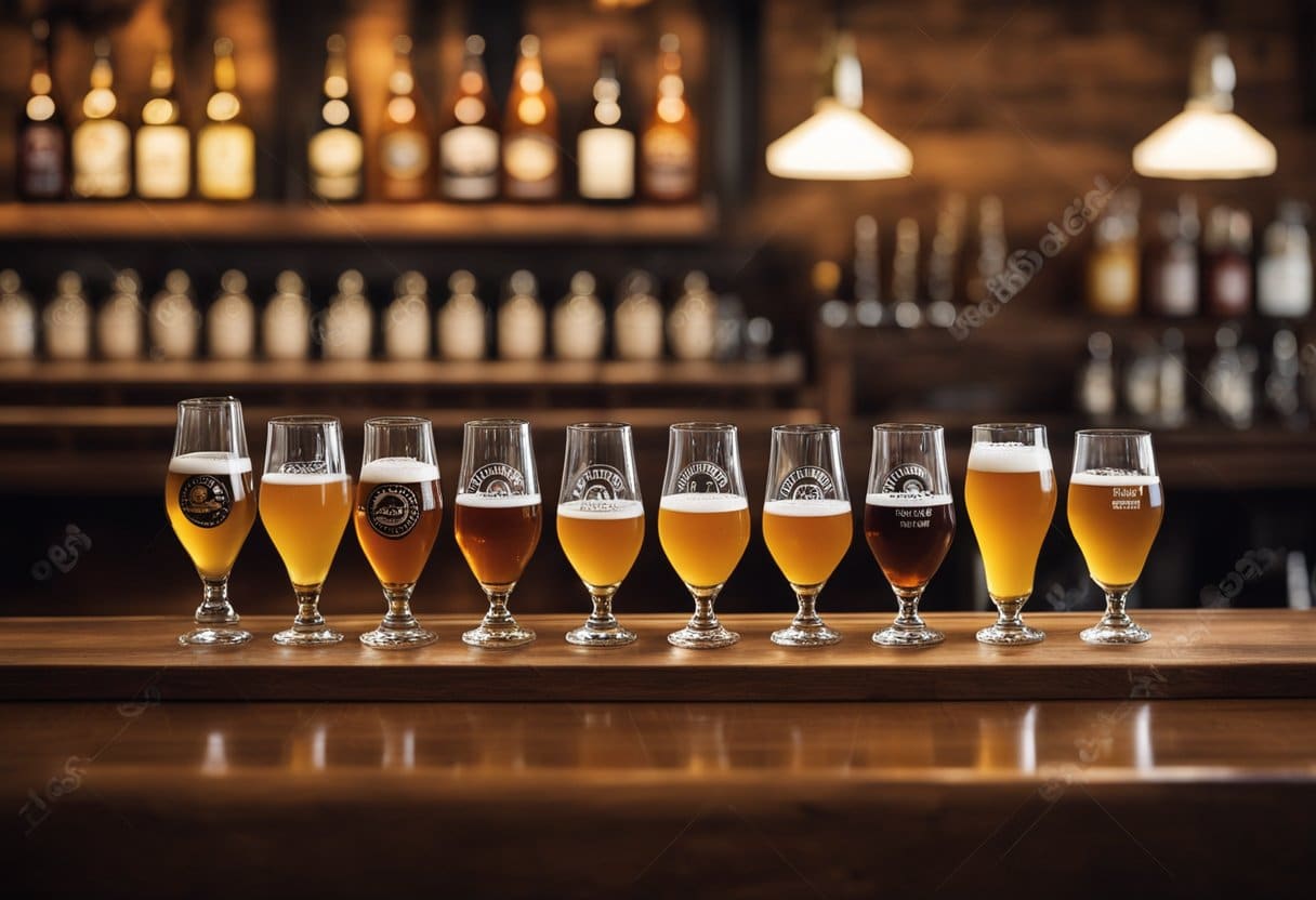 A row of traditional Belgian beer glasses and bottles line a wooden bar, with brewery logos and colorful labels on display